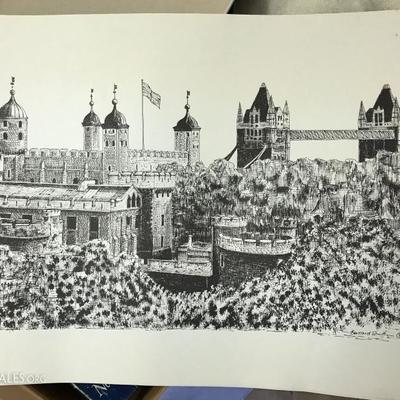 Set of 3 Bernard Smith signed 1978 original pen & ink art sketch drawing o	London Tower o	Westminster Abbey o	London Bridge over...