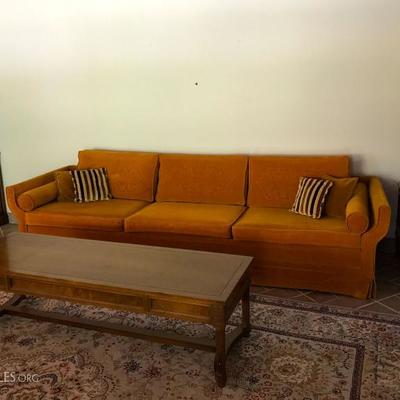 Drexel Carpathian Elm Burl Coffee And End Tables. Check out the stylish lines on the crushed velvet sofa. Very nice condition!
