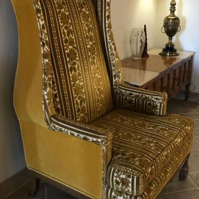 Unique Mid-Century Drexel chair in crushed velvet. Excellent condition.
