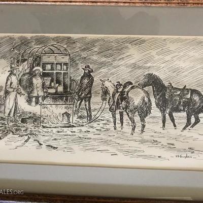 Harold Dow Bugbee  Pen & Ink
'Chow Time' 
14.25" x 8.25"  (image size)
395.00 (includes two miniatures)