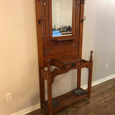 Antique Oak Hall Tree  w/Original Coat Hooks and Tin Inserts (one hook could be replaced)  250.00