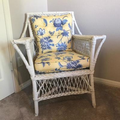 Antique White Painted Wicker Arm Chair w/Fresh Blue & Yellow Upholstery  110.00
