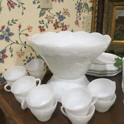 Milk glass punch bowl and cups