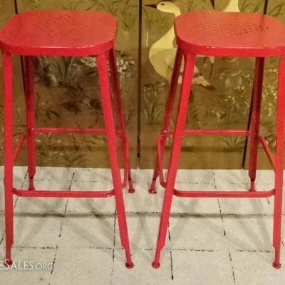 PAIR INDUSTRIAL STYLE METAL BARSTOOLS, LIGHTLY DISTRESSED RED ENAMEL FINISH