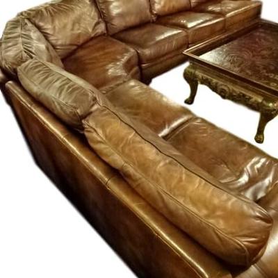 4 PC BROWN LEATHER SECTIONAL SOFA, 2 ENDS, CORNER, AND SINGLE SEATER