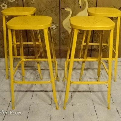 4 INDUSTRIAL STYLE METAL BARSTOOLS, LIGHTLY DISTRESSED YELLOW ENAMEL FINISH