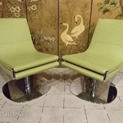 PAIR EXPANDABLE LEATHER LOUNGE CHAIRS, PISTACHIO LEATHER UPHOLSTERY, SWIVEL CHROME BASES