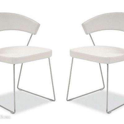 PAIR CALLIGARIS ITALIAN WHITE LEATHER CHAIRS, NEW YORK MODEL WITH CHROME STEEL BASES