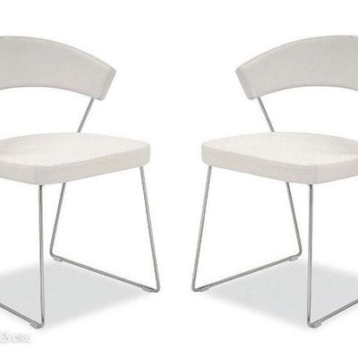 PAIR CALLIGARIS ITALIAN WHITE LEATHER CHAIRS, NEW YORK MODEL WITH CHROME STEEL BASES