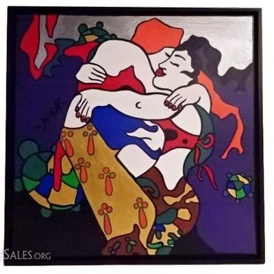 LARGE ANOUCK JOURDAA (NOON) ACRYLIC PAINTING ON CANVAS, TWO WOMEN, TITLED LES SOEURS