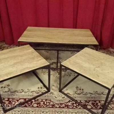 3 PIECE TRAVERTINE TOP TABLE SET, COFFEE TABLE AND 2 END TABLES