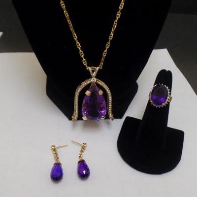 14 K Gold Amethyst and Diamond Pendant with 14 K Diamond and Amethyst Earrings $2,900. 14 K Gold Amethyst and Diamond Ring. $900