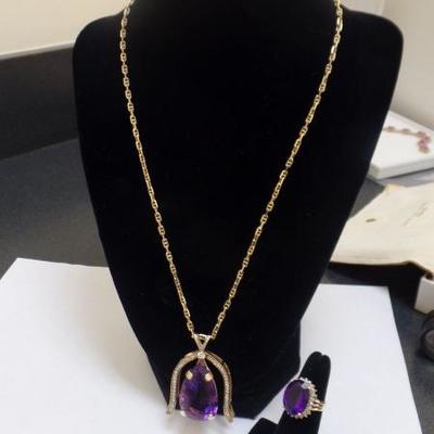 14 K Gold Amethyst and Diamond Pendant with 14 K Diamond and Amethyst Earrings $2,900. 14 K Gold Amethyst and Diamond Ring. $900