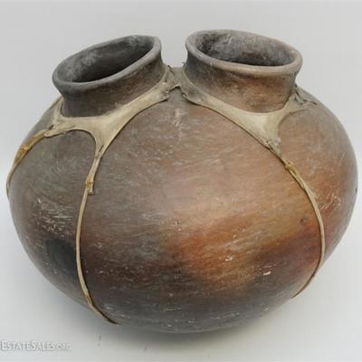 Large Early 20th c. Tarahumara Indian Rawhide Bound Wedding Vessel / Pot. Measures 13