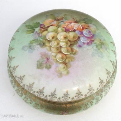Antique German Porcelain Hand Painted Dresser Box. Beautifully hand painted with grapes and vines, gilt accents. Measures 4.50