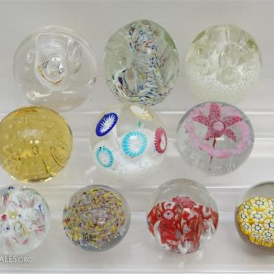 Ten Various Vintage Collectible Glass Paperweights. Largest is 3.75