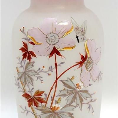 Victorian Enameled Bristol Glass Vase. Hand blown, opaline with cranberry ruffled top. Enameled pink dogwood and butterfly. Measures...
