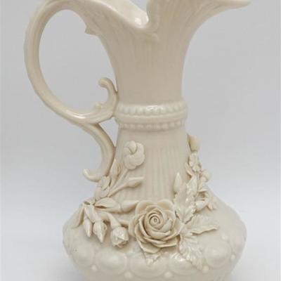 Irish Belleek Ivory Porcelain Aberdeen Jug Pitcher of traditional waisted form with lavish encrusted flowers and leaves. 5th Belleek Mark...