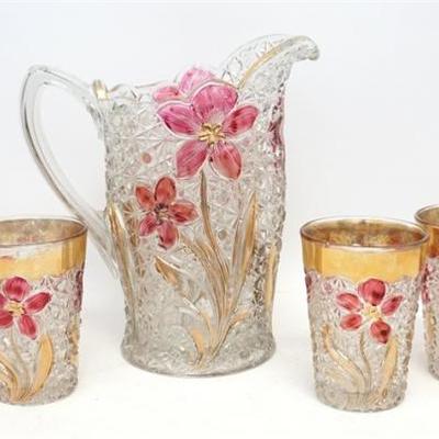EAPG complete Ruby and Gold Stain Lemonade Set in Indiana Glass pattern number 124, known to collectors as Daisy & Button with Narcissus...