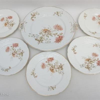 Antique Carl Tielsch Dessert Cake Set c. 1895, 1 Cake Plate and 5 Dessert Plates. All with Chrysanthemums. The cake plate with handles...
