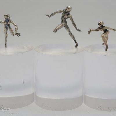 Three Remarkable Silver Miniature Nude Dancers Lost Wax Sculptures by Bob Burkett of California. Two male and one female figure. All...