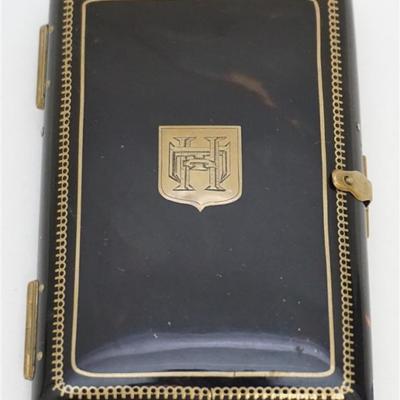Art Deco Tortoise Shell Cigarette Case with Gold Shield Inlay with Monogram.