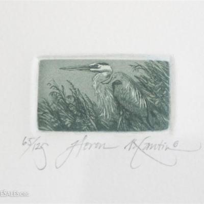Framed Original Kathleen Cantin Heron Miniature Etching. In green tones with green frame. Excellent condition. Measures 8