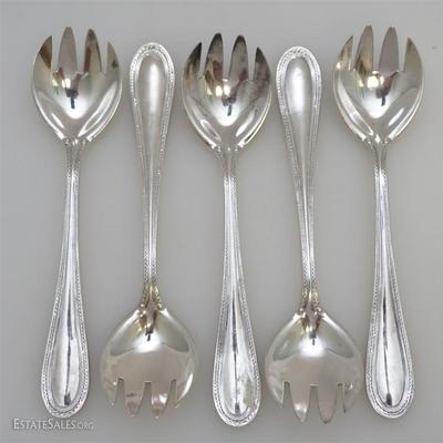 Five Antique Tiffany pat. 1903 Norman Pattern Silver Plated Ice Cream Forks. An elegant way to enjoy your summer sorbet or ice cream. The...