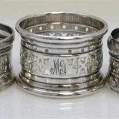 Five Antique Victorian Sterling Silver and Silver Napkin Rings. Gorham, Webster and others.