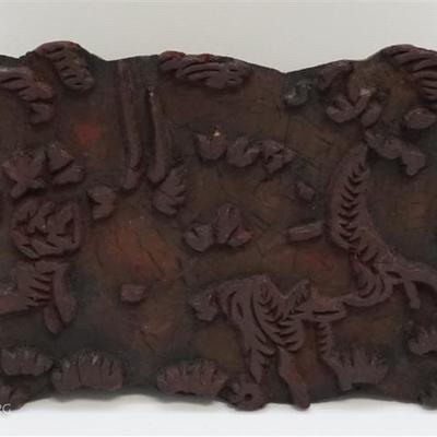 Antique Indo-Persian 18th Century wood stamp block carved with intricate pattern and horse. Used to stamp patterns onto textiles. Great...