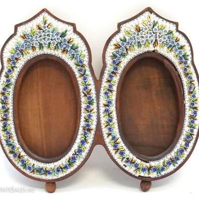 Victorian Era Italian Micro-mosaic Double Picture Frame. On wood, oval pictures frames with stunning forget-me-not florals & foliage on...