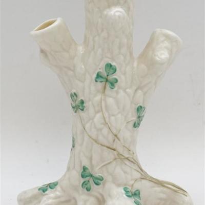 Vintage Belleek Porcelain Tree Trunk 3 Branch Vase with Hand Painted Shamrocks. With the 3rd Black Mark used 1926-1946. Measures 3