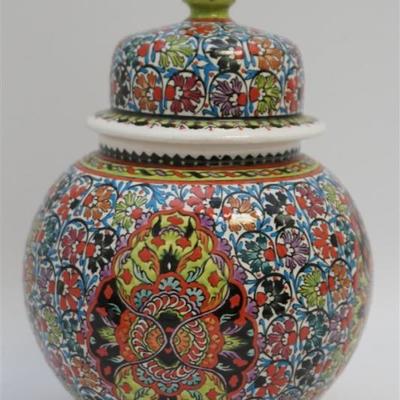 Turkish handmade and hand-painted ceramic Ottoman Iznik floral medallion pattern decorated small ginger jar. The bottom marked 