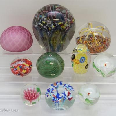 Ten Various Vintage Collectible Glass Paperweights. Largest is Magnum sized at 4.75