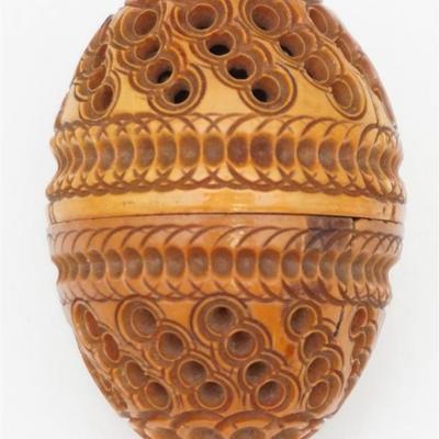 Antique Vegetable Ivory Carved Sewing Egg. Used to store thread spools, needles and thimbles. 