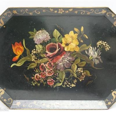 Vintage 1940s French Country Hand Painted Tole Tray. Extra Large Black Metal Tray with Hand Painted Flowers and Gilt Accents. Measures...