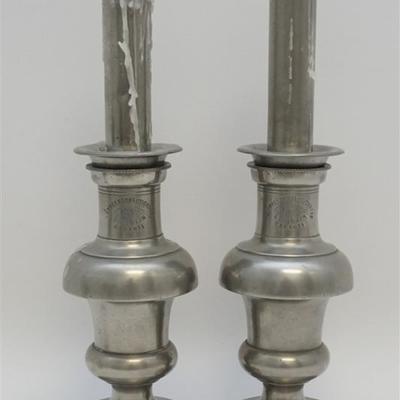 A matched pair of French Pewter Pump Lamps. Front of each reads Lampes Perfectionnees, Etain Fin, Garanti. 