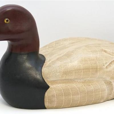 Gary Lowenthal Canvasback Drake Duck Decoy. Handpainted and with glass eyes, signed on the bottom. 