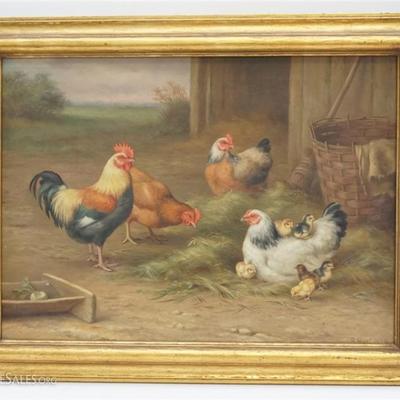 Original Edgar Hunt (1876-1955) Oil on Canvas Barnyard Scene Chickens and Roosters. Signed and dated 1929, lower right. Provenance: Brays...
