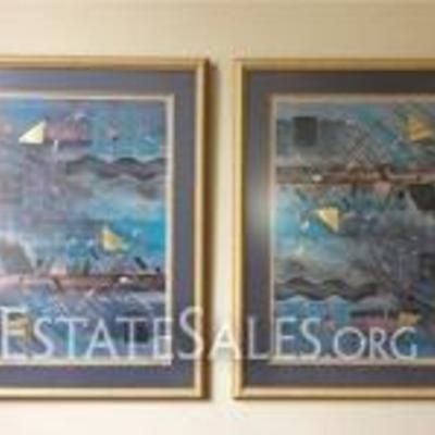 
010: Taos Abstract Diptych. Titled Taos, signed but artist name is illegible, bold and bright colors with gold leaf additions, two...