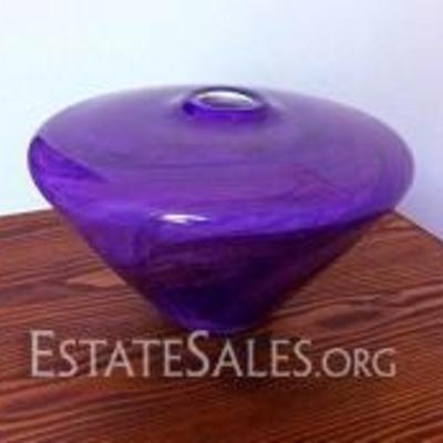 050: Dan Bergsma Blown Glass Vase 
Hand blown lampworked glass vase, signature looks like Dan Bergsma etched on bottom, deep purple and...