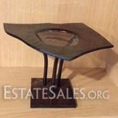 
030: Artist Made Slab Glass Sculpture
Evans Designs, made in California, slab glass decorative tray with patinated metal stand, 6.75 H x...
