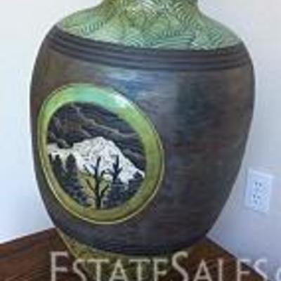 Large Christopher Mathie Raku urn with landscape vignet of a snowy Mt. Rainier and trees, with leaf patterning around top and bottom,...