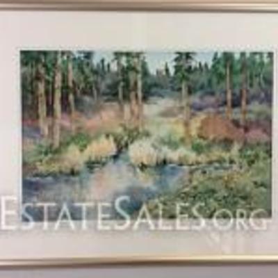 Lot 003. Nancy Rankin original painting, landscape of a fir tree lined pond in the forest, 22.5 x 29.5 inches framed.



SELLER...