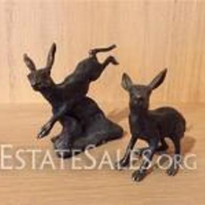 026: Happy Hares 
Two rabbits frolicking, heavy brass or bronze like metal, standing one measures 2.25 x 2.25 x 1.25 inches and jumping...