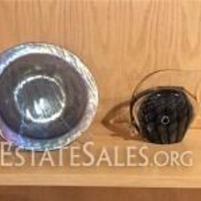
034: Glass Plate And Murano Glass Angel Fish 
Iridescent slab glass decorative plate, 8.25 H x 8.25 W x 1.25 D inches, etched signature...