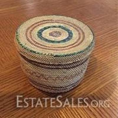 044: Makah Trinket Basket, 1920 To 1930 
Makah trinket basket, vintage woven bear grass construction, featuring banded design and stacked...