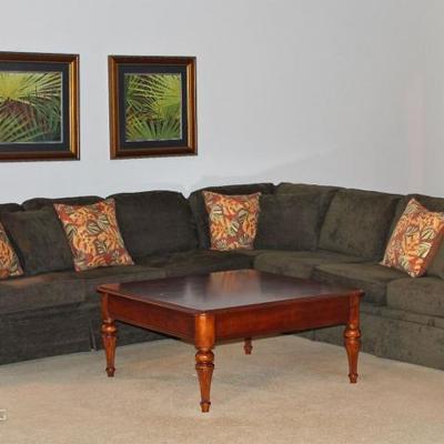Collection of Indonesian tropical plant prints, 3 piece sectional down-filled sofa by Sherrill, solid wood cocktail table with drawer