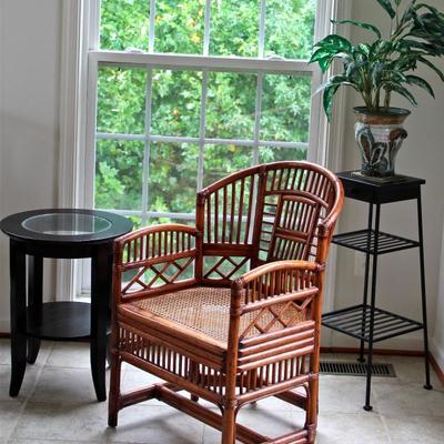 Rattan arm chair, metal plant stand