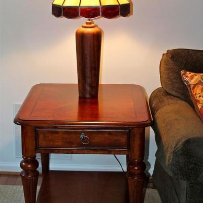 Hand-made, leaded glass shade on turned wood lamp base, solid wood side table with drawer